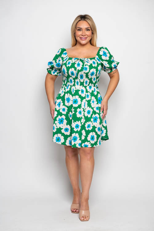 Floral Smocked Bodice Puff Sleeve A Line Dress