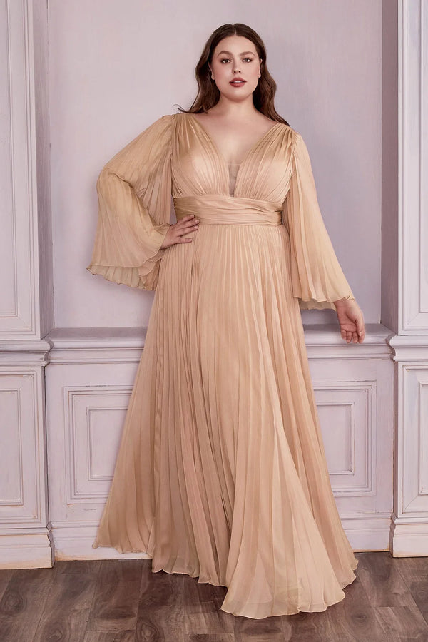 Long Sleeve Pleated Chiffon Dress - Plus Size