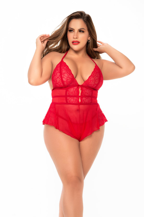 7445X Red Lace Accent Sheer Teddy - Plus Size