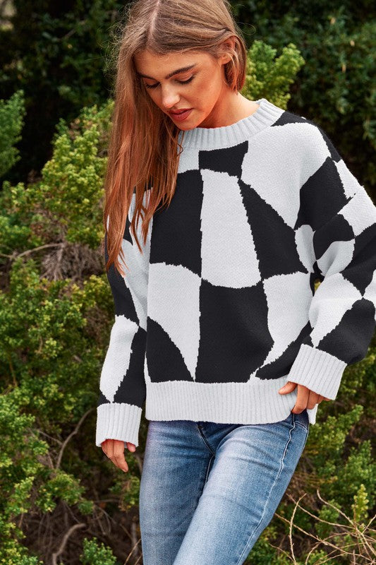 Multi Geo Checker Pullover Knit Sweater