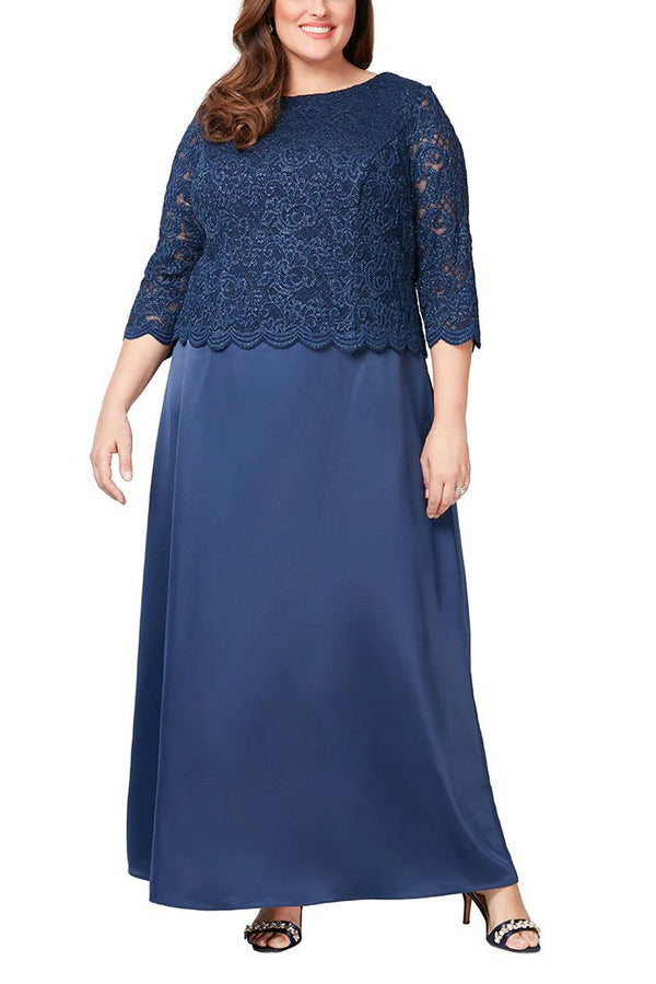 Alex Evenings Boat Neck 3/4 Sleeve Lace Bodice Gown - Plus Sized