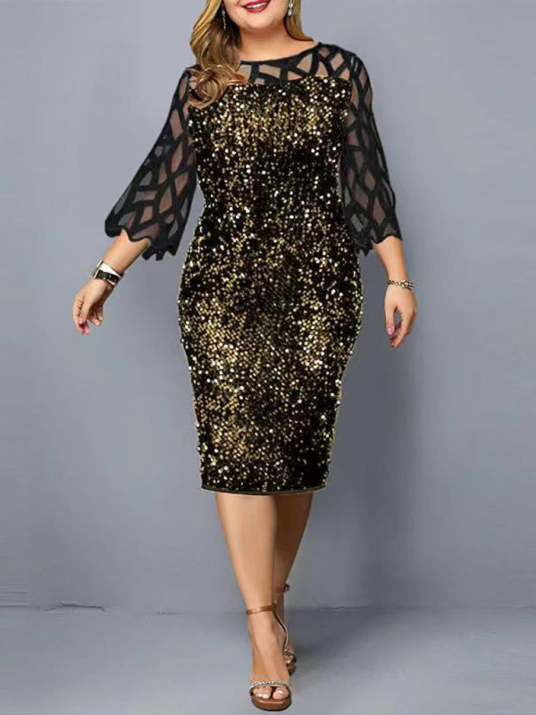 Sequin Mesh Sleeve Design Dress - Bit of Swank