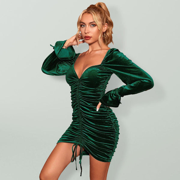 Ruched Sweetheart Neckline Velvet Mini Dress With Puff Sleeve And Bell Cuffs