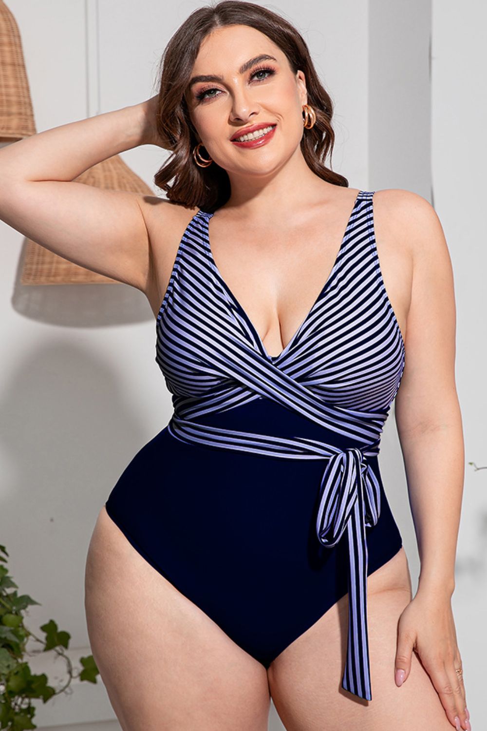 Plus Size Striped Tie-Waist One-Piece Swimsuit - Bit of Swank