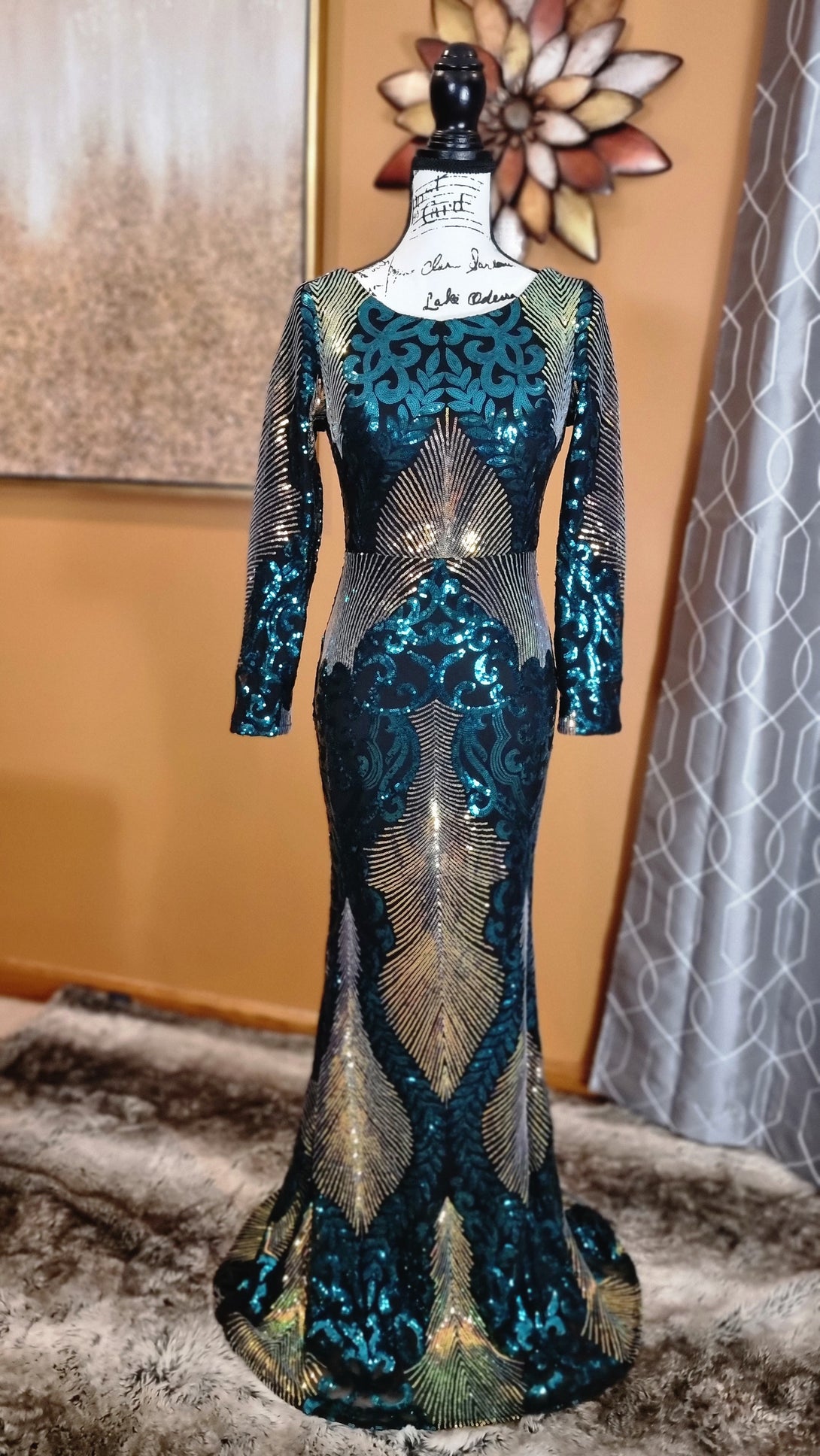 Contrast Sequin Open Back Long Sleeve Mermaid Dress - Boutique - Bit of Swank