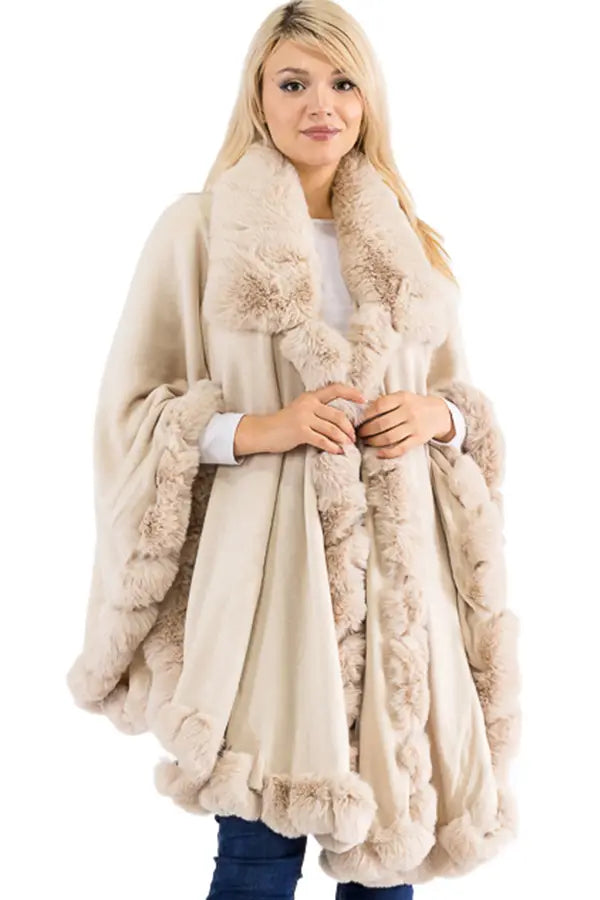 Cap Zone - Ruffle Twisted Bubble Teddy Faux Fur Lined Open Ruana Poncho - Beige - Bit of Swank