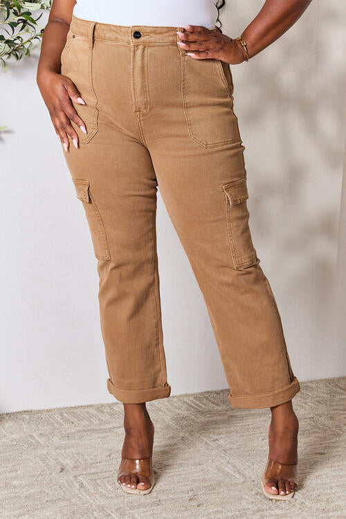 RISEN High Waist Straight Jeans with Pockets - Full Size