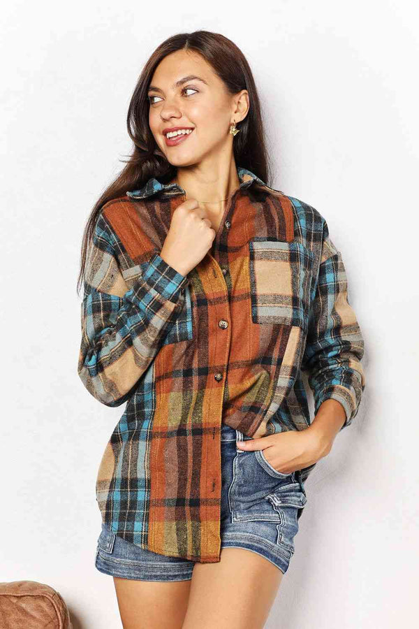 Double Take Plaid Curved Hem Shirt Jacket with Breast Pockets - Full Size
