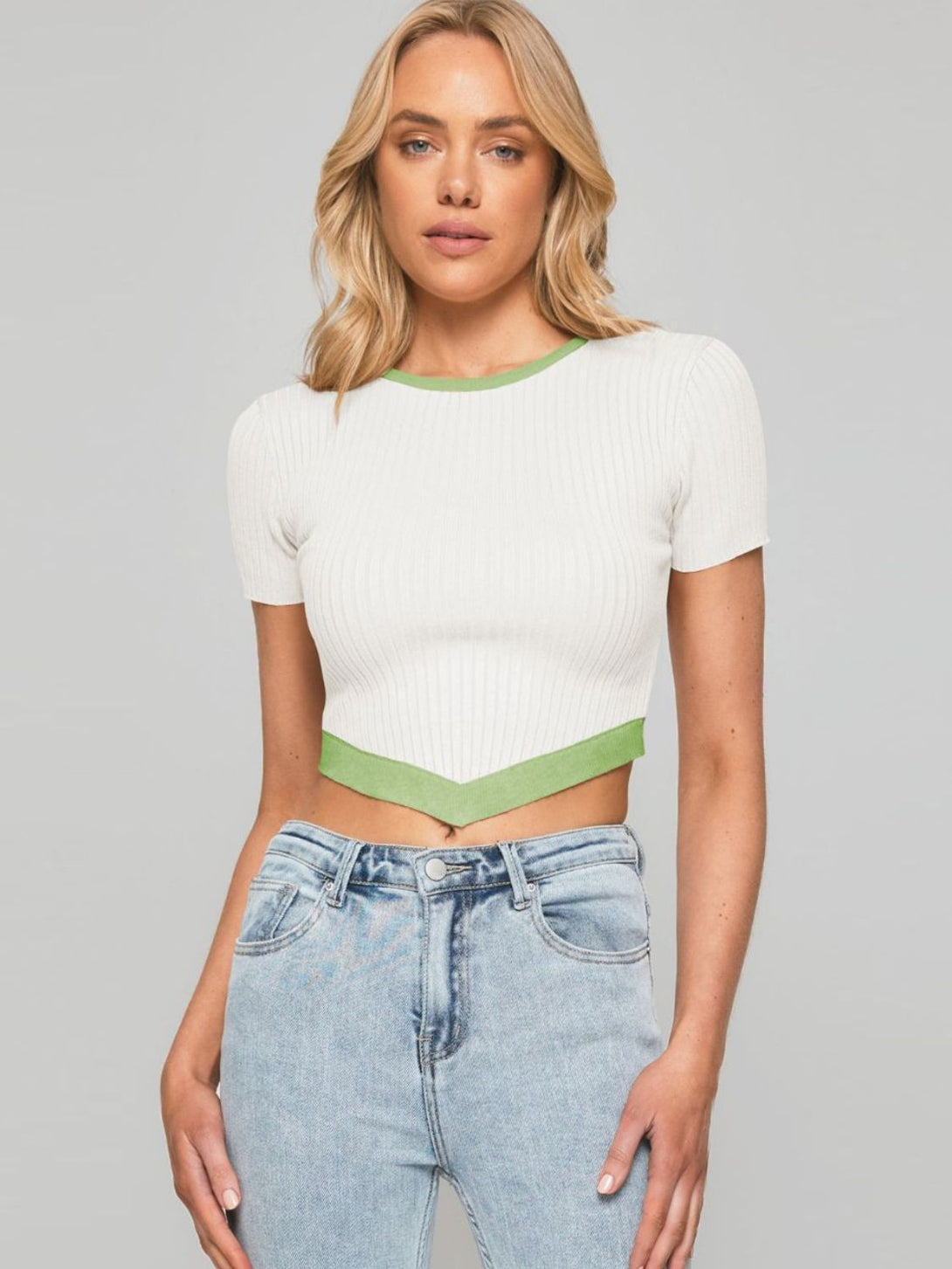 Contrast Trim Pointed Hem Ribbed Crop Top - Bit of Swank