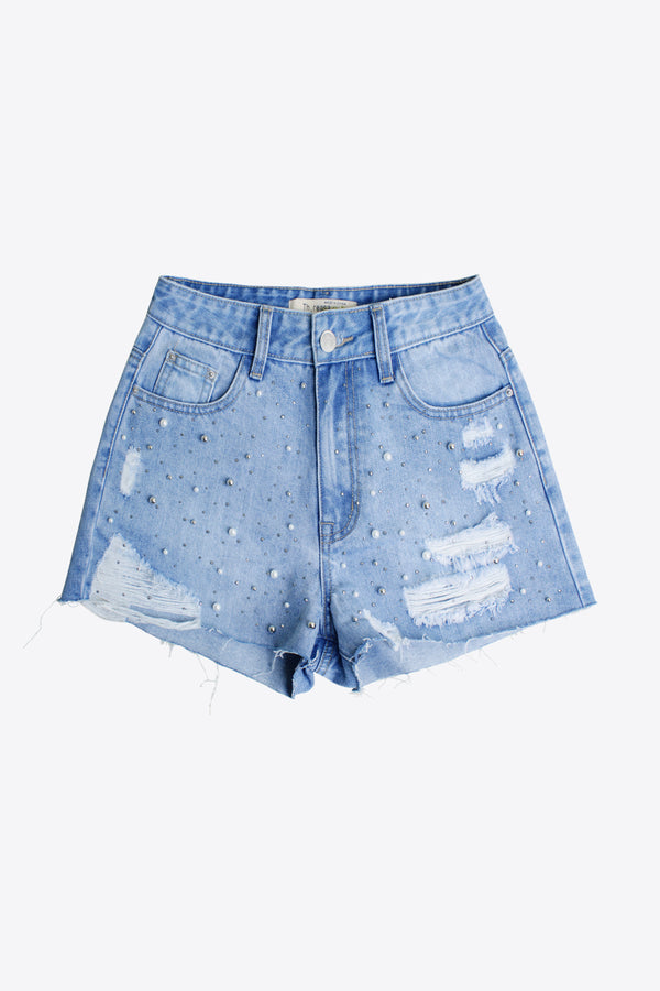 Distressed Bead Denim Shorts - Full Size