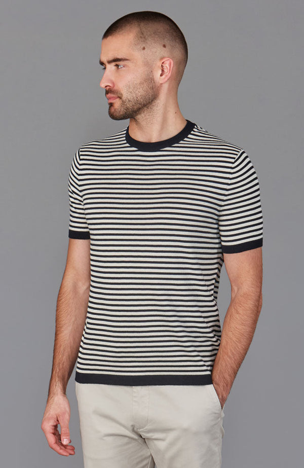 Mens 100% Ultra-Fine Cotton Knitted Narrow Breton Stripe T-Shirt