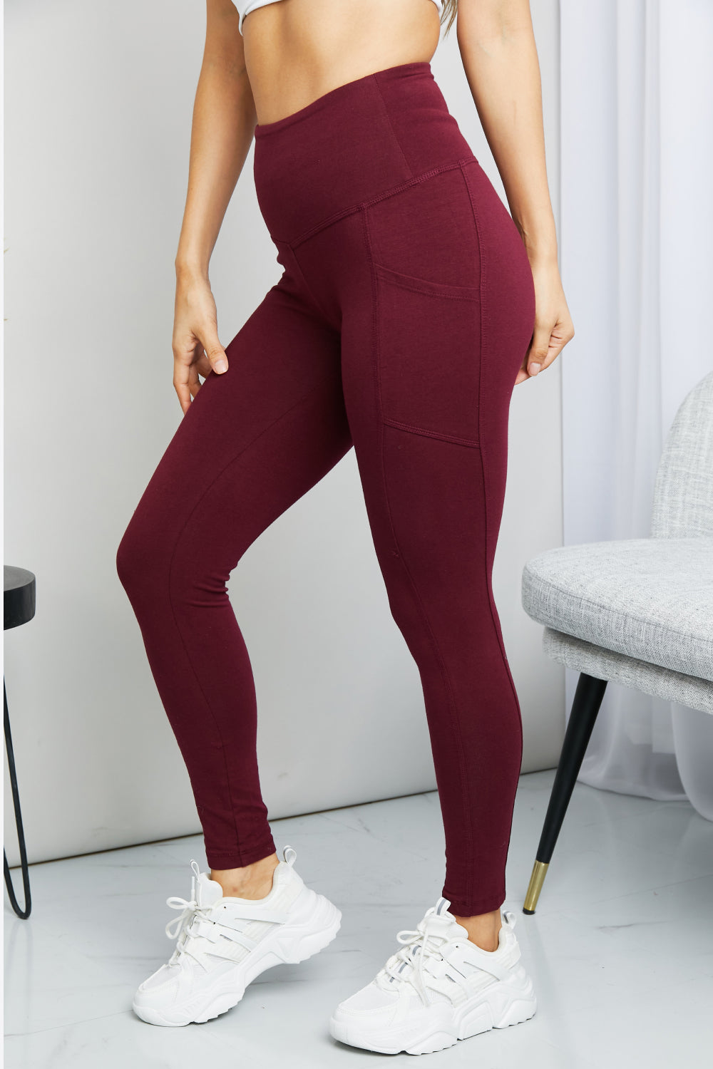 Ready to Roll Wide Waistband Pocket Leggings in Burgundy - Boutique - Bit of Swank