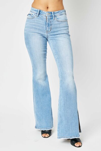 Judy Blue Mid Rise Raw Hem Slit Flare Jeans - Full Size