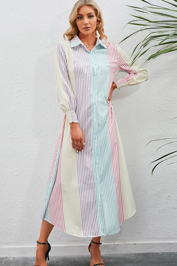Rainbow Stripe Button-Up Maxi Shirt Dress - Bit of Swank