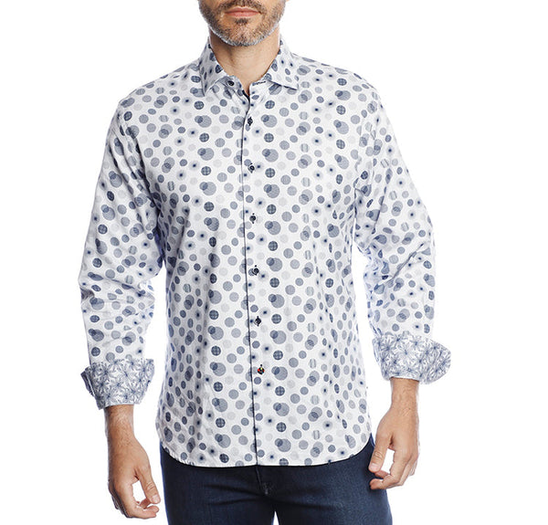 Men's Dress Shirt Light Blue with Navy Circle Designs – Bit of Swank