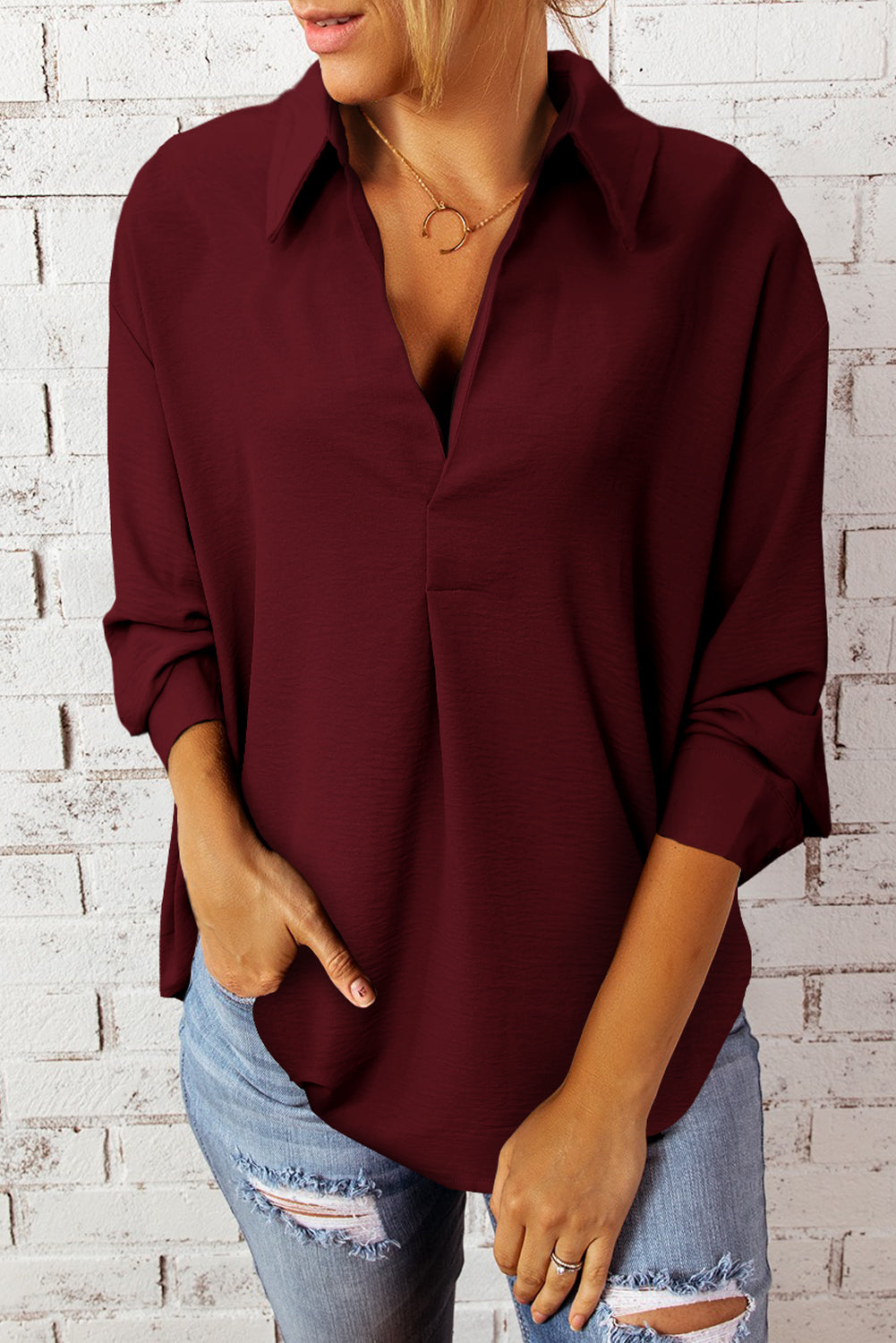 Textured Johnny Collar Three-Quarter Sleeve Blouse - Bit of Swank