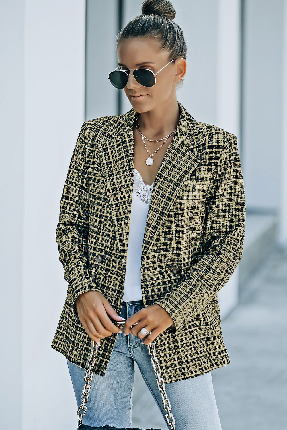 Plaid Double-Breasted Long Sleeve Blazer - Bit of Swank