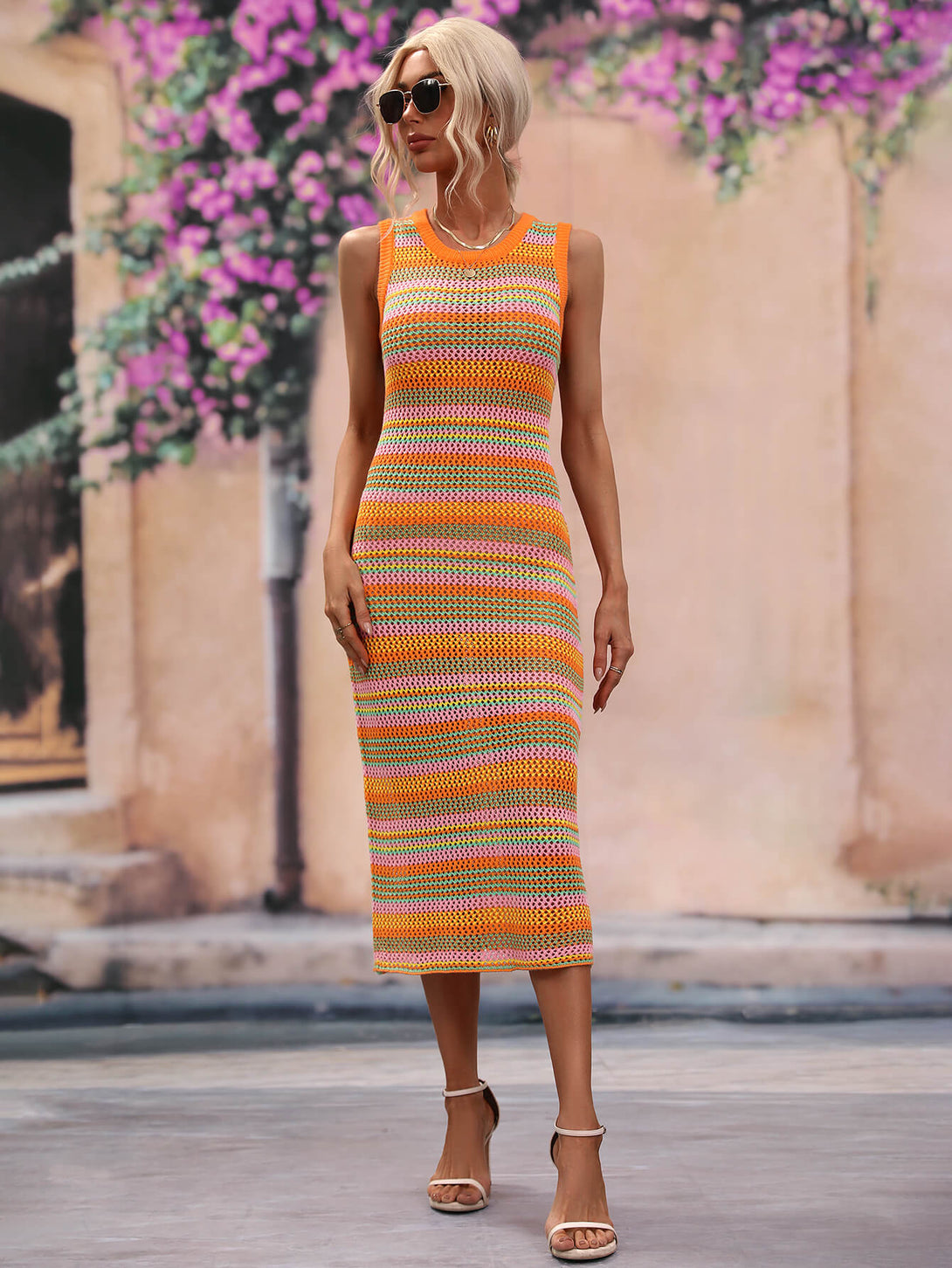 Striped Round Neck Sleeveless Midi Cover Up Dress - Bit of Swank