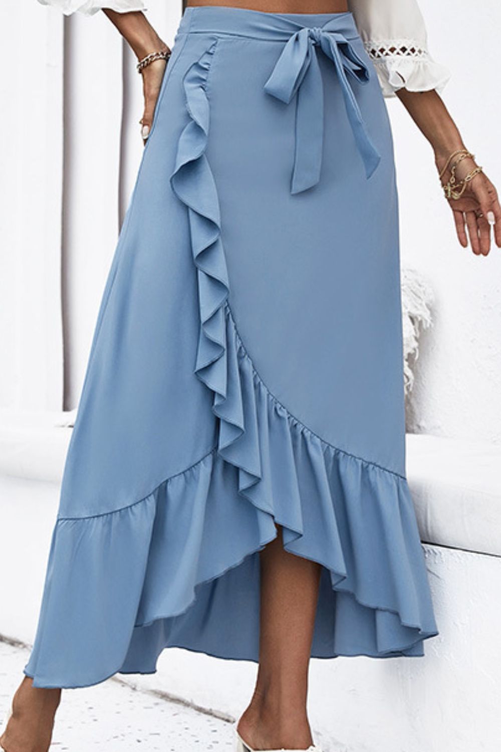 Flatter Me Ruffle Trimmed Midi Skirt with Waist Tie in Blue - Bit of Swank