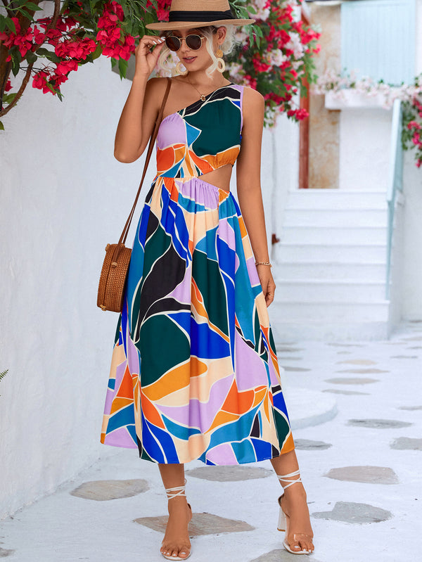 Printed Cutout One-Shoulder Sleeveless Dress - Bit of Swank