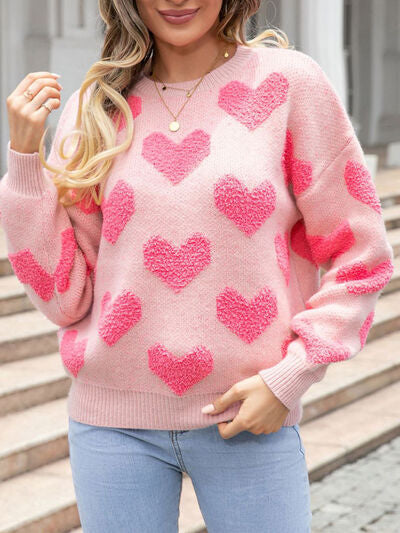Fuzzy Heart Round Neck Dropped Shoulder Sweater
