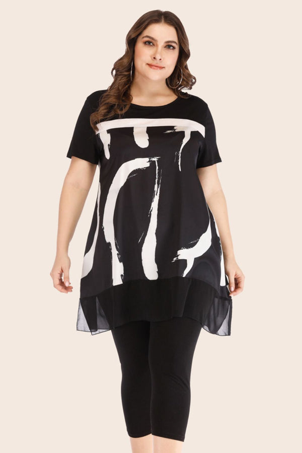 Plus Size Contrast Spliced Mesh T-Shirt and Cropped Leggings Set - Bit of Swank