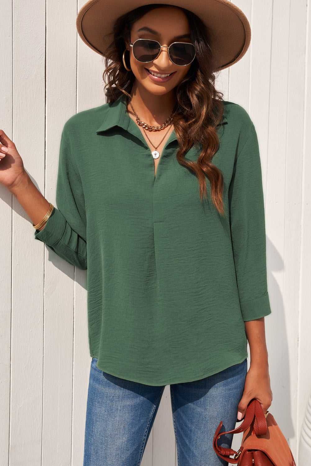 Textured Johnny Collar Three-Quarter Sleeve Blouse - Bit of Swank