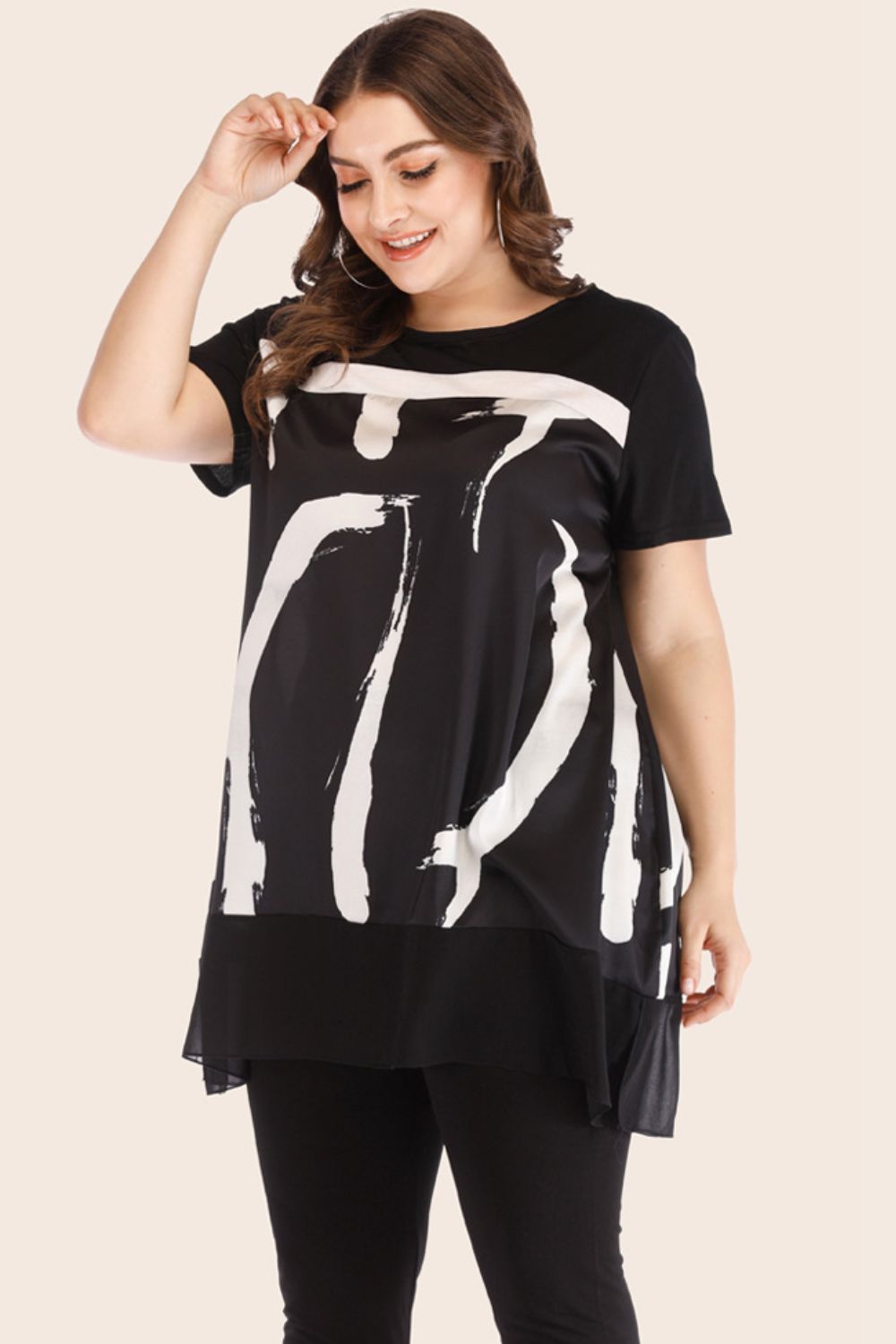 Plus Size Contrast Spliced Mesh T-Shirt and Cropped Leggings Set - Bit of Swank