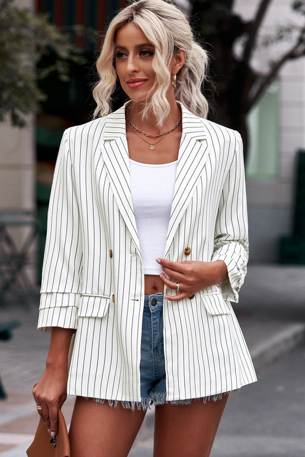 Striped Double-Breasted Long Sleeve Blazer - Bit of Swank