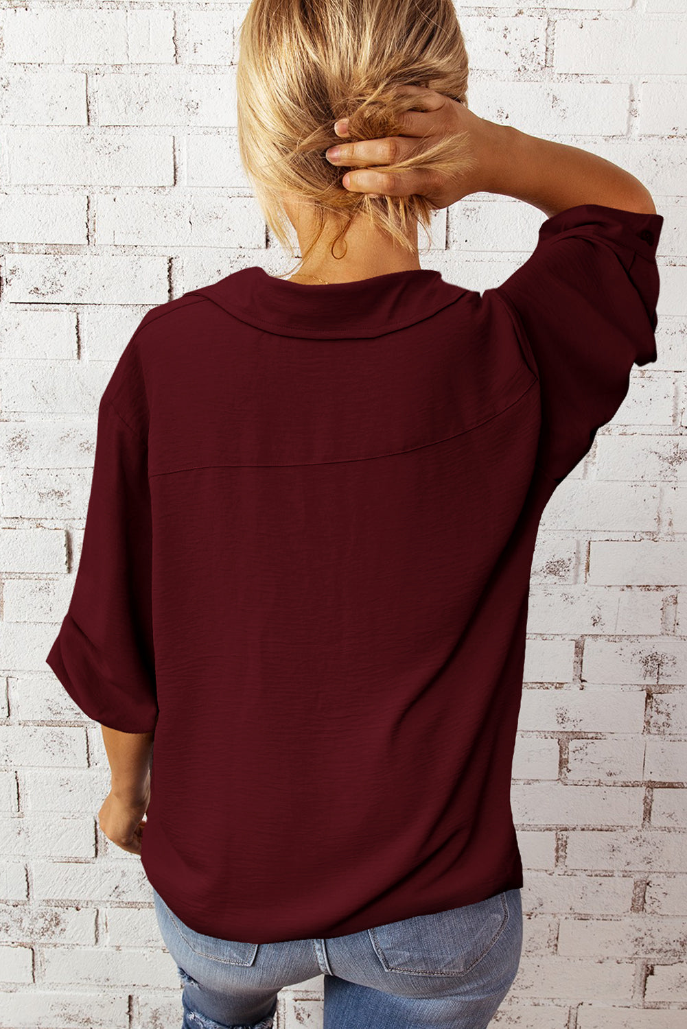 Textured Johnny Collar Three-Quarter Sleeve Blouse - Bit of Swank