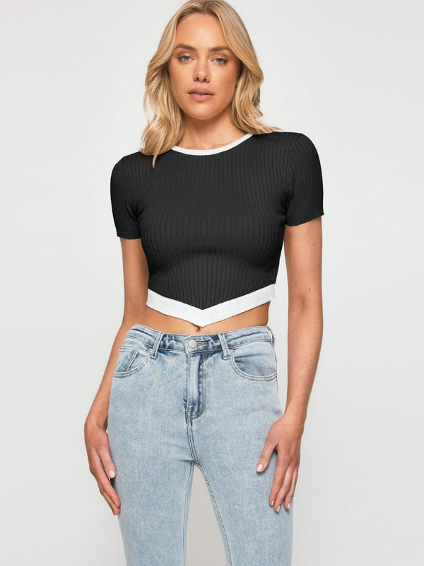 Contrast Trim Pointed Hem Ribbed Crop Top - Bit of Swank