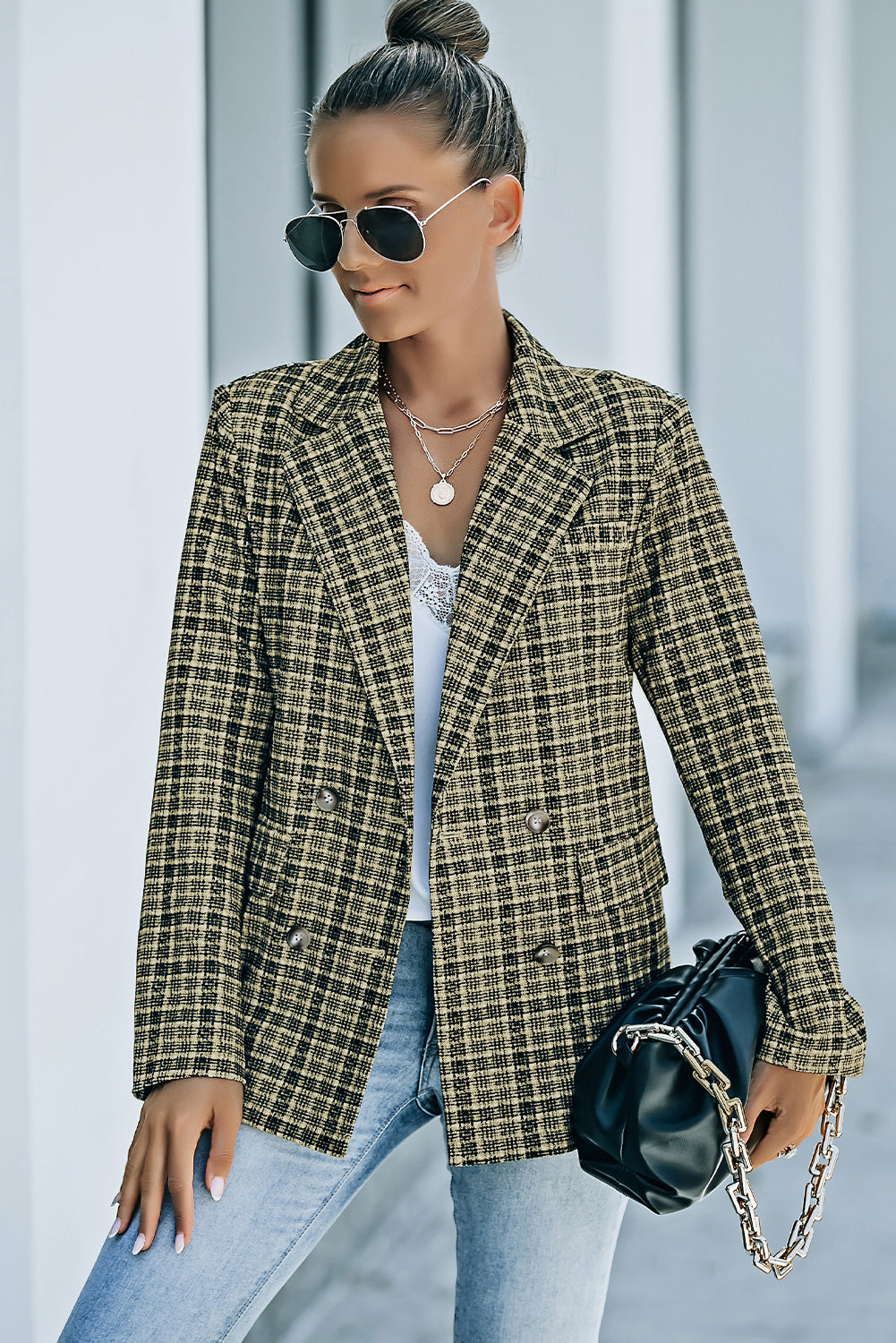 Plaid Double-Breasted Long Sleeve Blazer - Bit of Swank