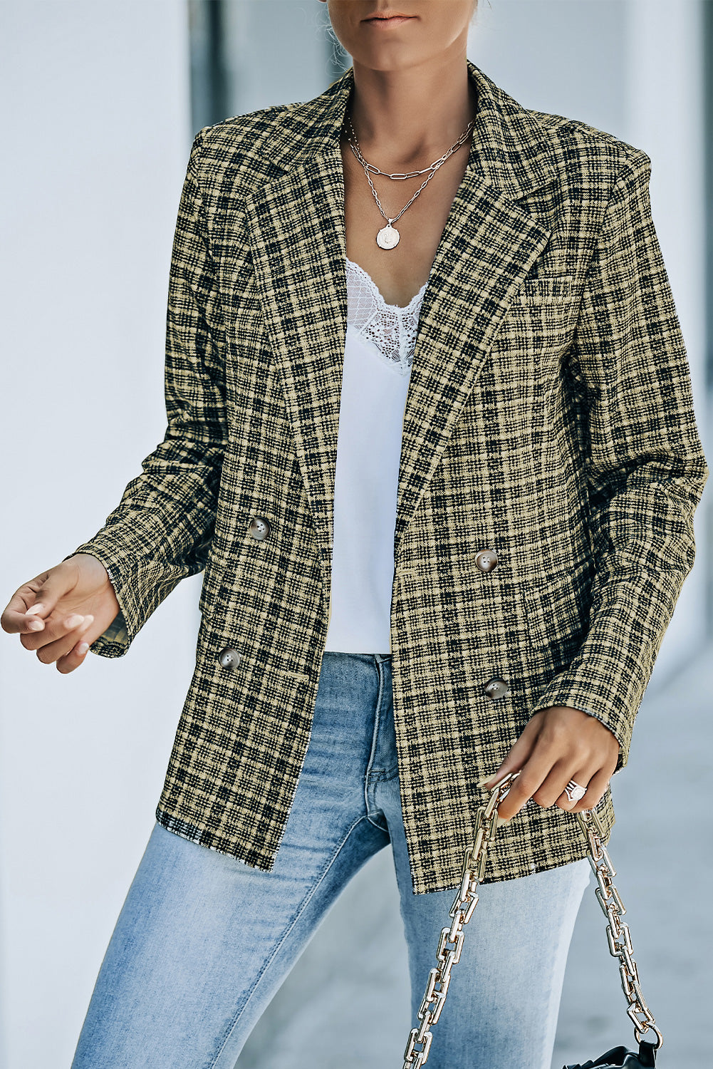 Plaid Double-Breasted Long Sleeve Blazer - Bit of Swank