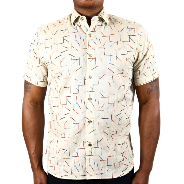 Mens Short Sleeve Button Up Tan with Gradient Blue, Orange and Red Lines – Bit of Swank