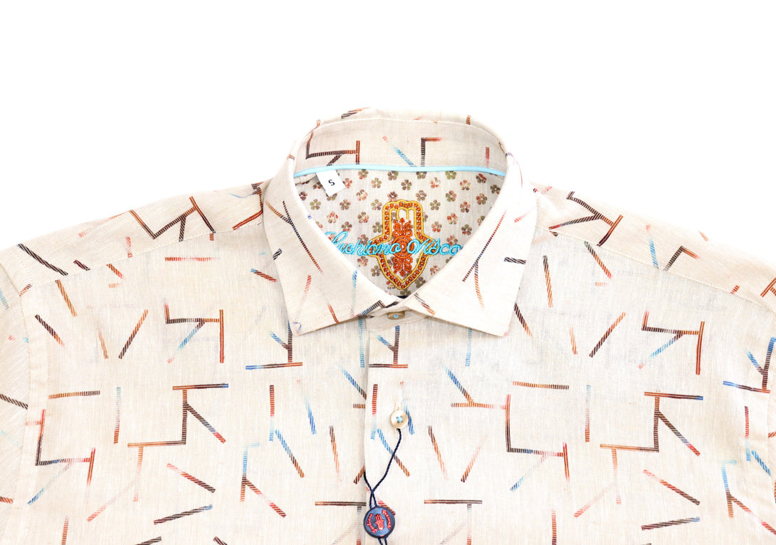 Mens Short Sleeve Button Up Tan with Gradient Blue, Orange and Red Lines – Bit of Swank