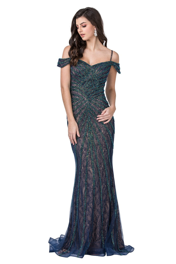 Estrella Beaded Drop Shoulder Fitted Formal Gown