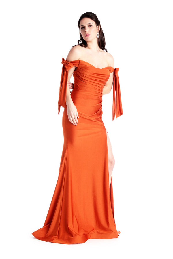 Marceline Floor Length Drop Shoulder Ruched Formal Gown