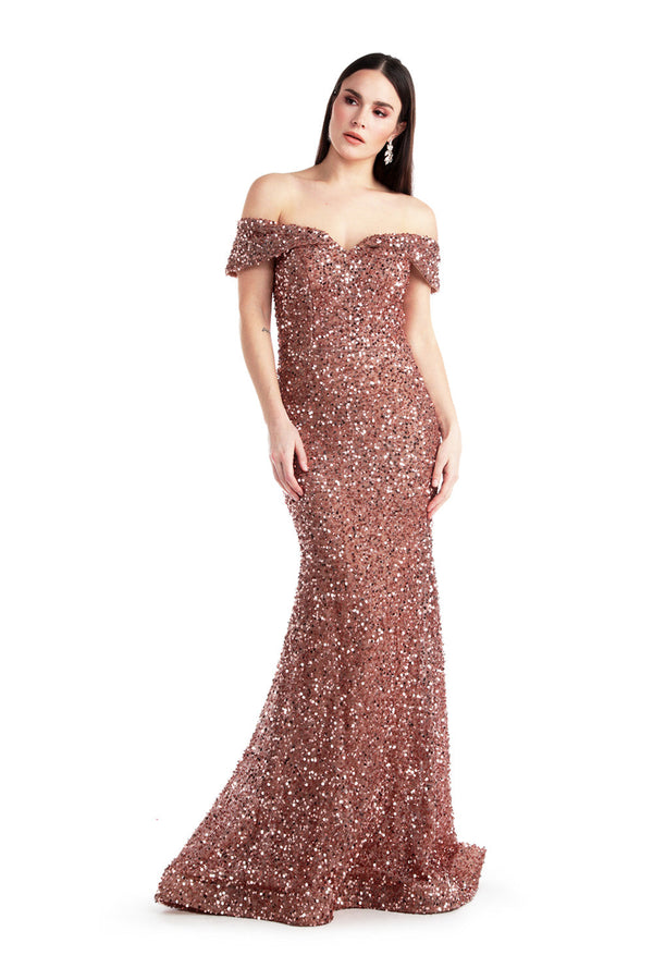 Aliya Off Shoulder Glittery Floor Length Formal Dress
