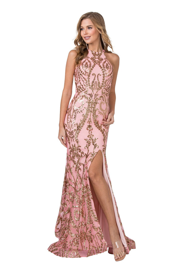 Hayley Gold Applique Floor Length Formal Gown