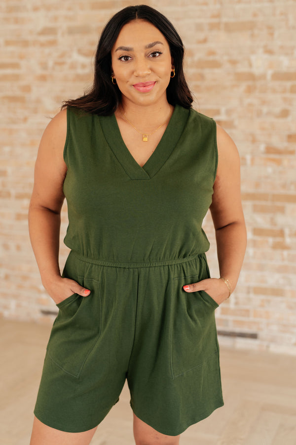 Sleeveless V-Neck Romper in Army Green