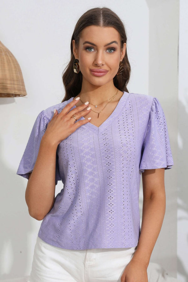 Eyelet V-Neck Flutter Sleeve Top - Bit of Swank