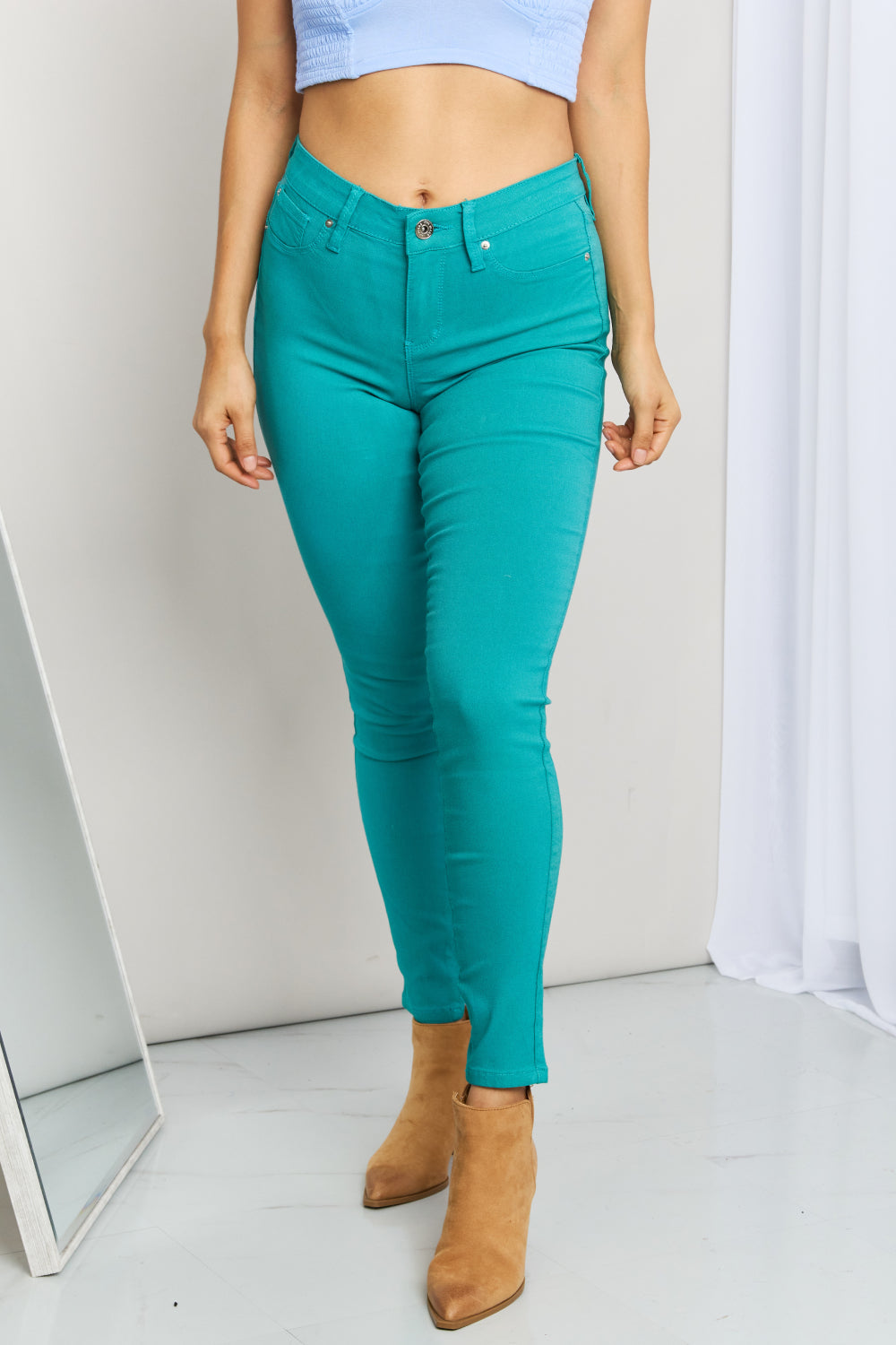 Kate Hyper-Stretch Mid-Rise Skinny Jeans in Sea Green - Bit of Swank