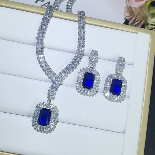 Blue Sapphire Square Cut Pendant and Earring Set - Bit of Swank