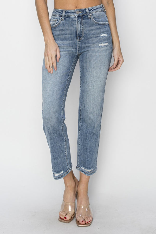RISEN High Waist Distressed Cropped Jeans - Full Size