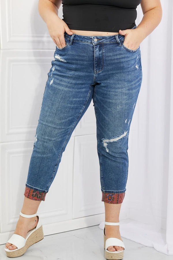 Judy Blue Gina Mid Rise Paisley Patch Cuff Boyfriend Jeans - Full Size