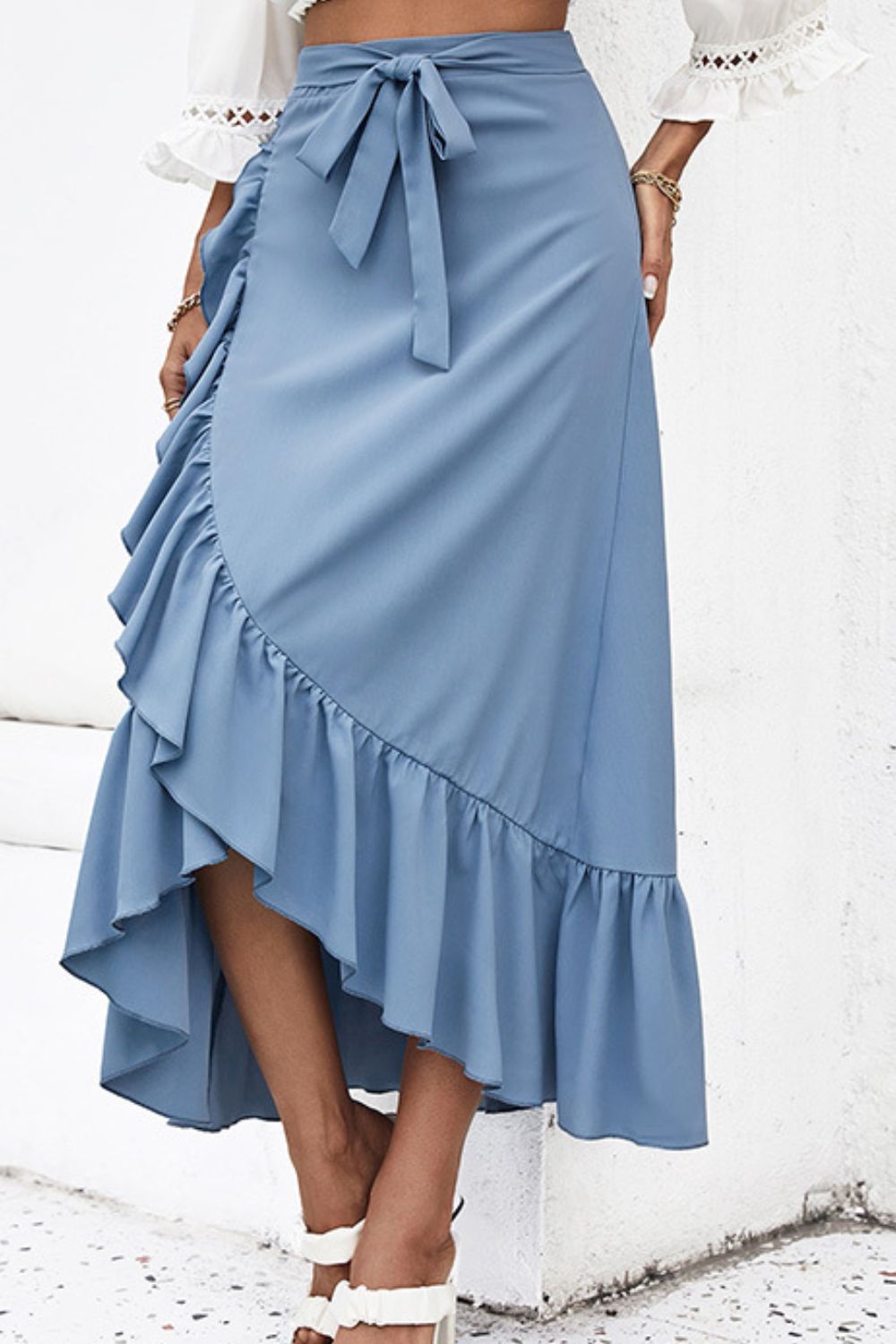 Flatter Me Ruffle Trimmed Midi Skirt with Waist Tie in Blue - Bit of Swank