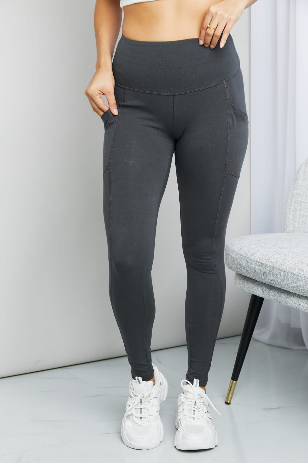 Ready to Roll Wide Waistband Pocket Leggings in Ash Grey - Boutique - Bit of Swank