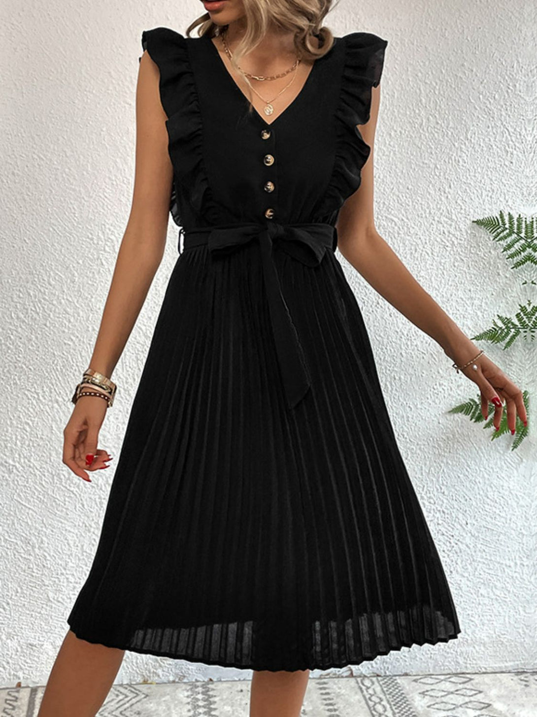 Buttoned Ruffle Trim Belted Pleated Dress - Bit of Swank