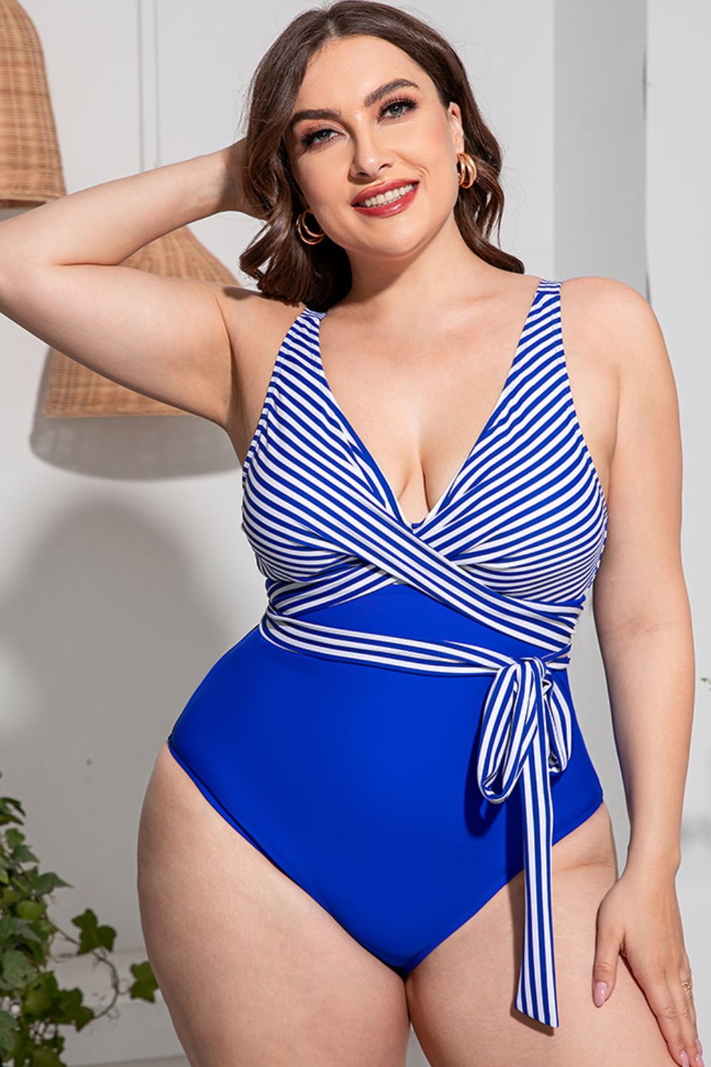 Plus Size Striped Tie-Waist One-Piece Swimsuit - Bit of Swank