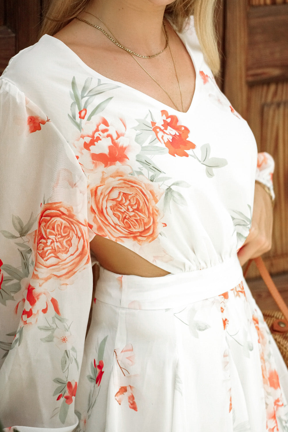 Floral Cutout Long Sleeve V-Neck Dress - Bit of Swank